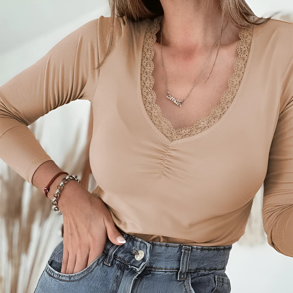 Women's red slim fit long sleeve casual top with lace trim detail