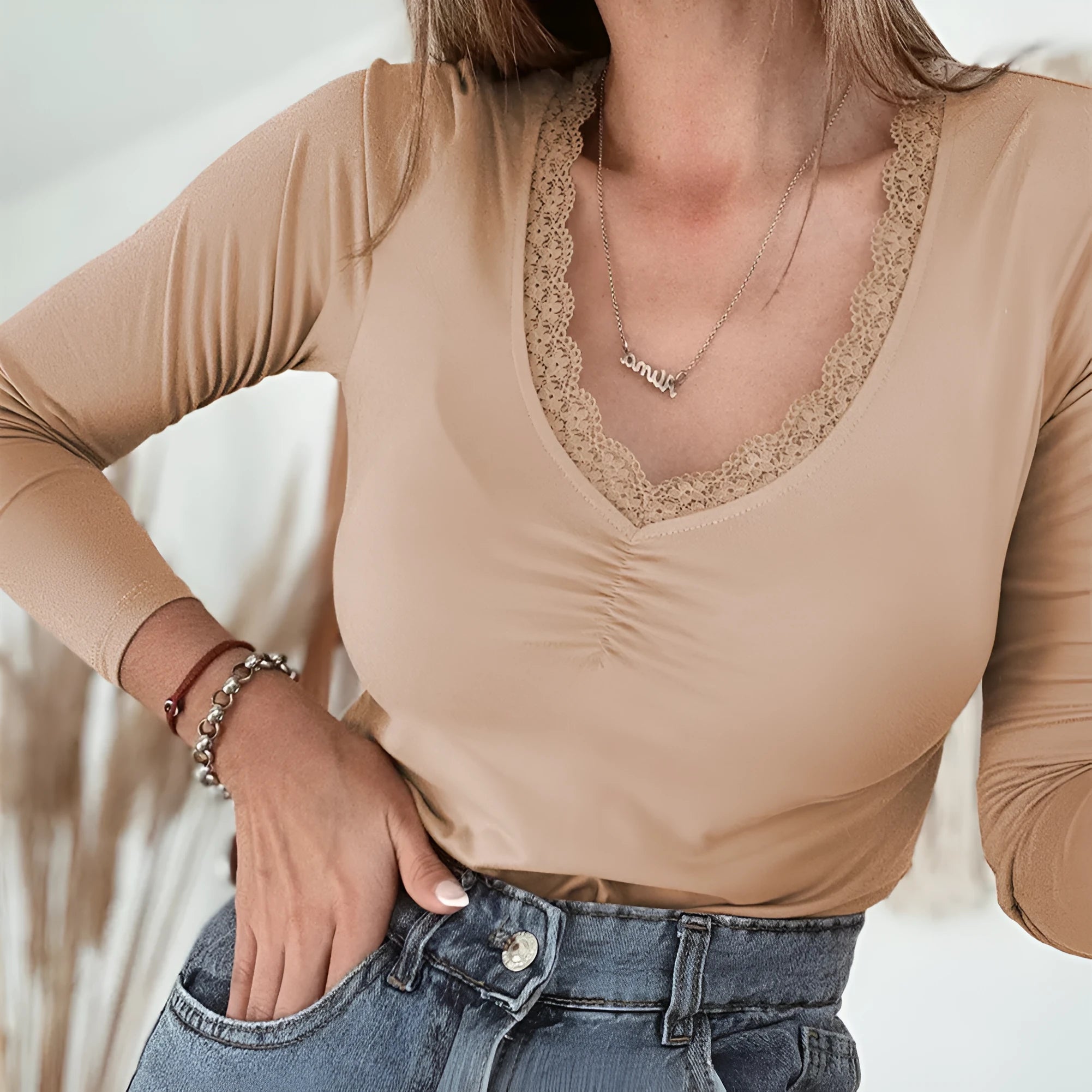 Women's red slim fit long sleeve casual top with lace trim detail