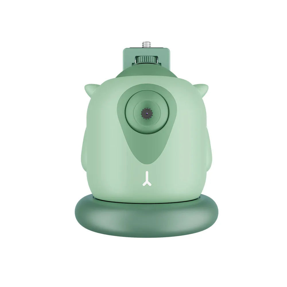 Dark green intelligent follow-up gimbal with built-in camera showing 360-degree rotation mechanism