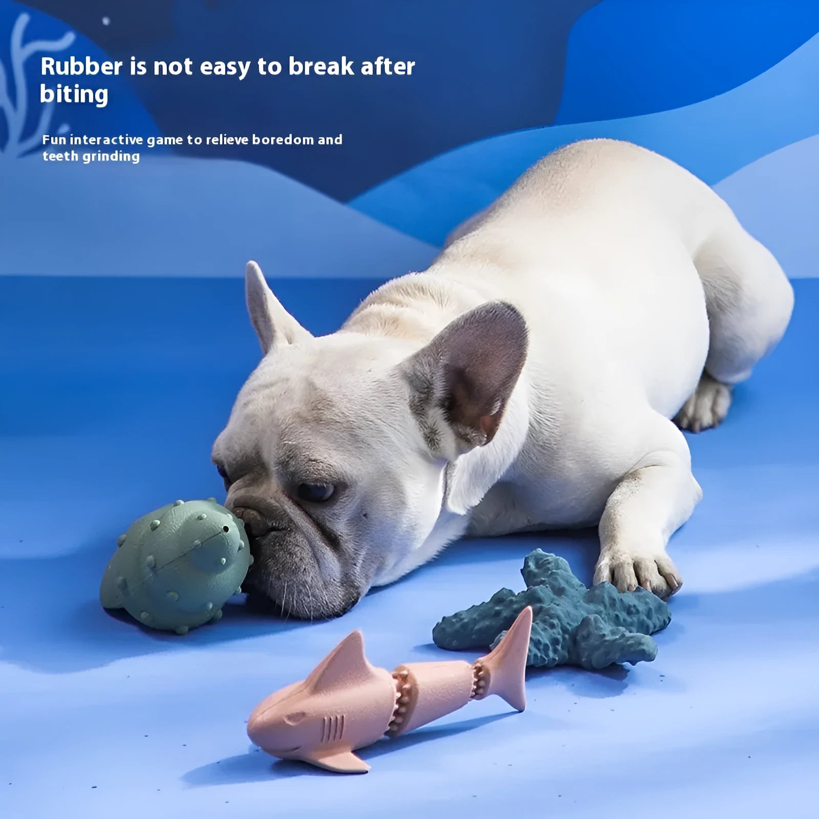 Deep sea shark themed rubber dog toy with squid shape in blue and green colour variations