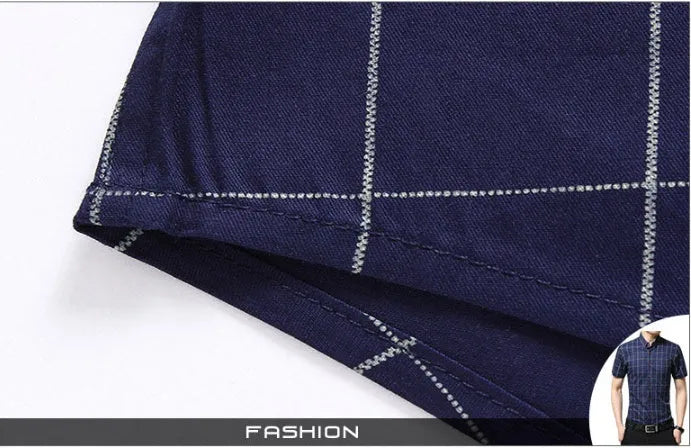 Men's casual short sleeve plaid shirt in red, slim fit cardigan style, cotton polyester blend