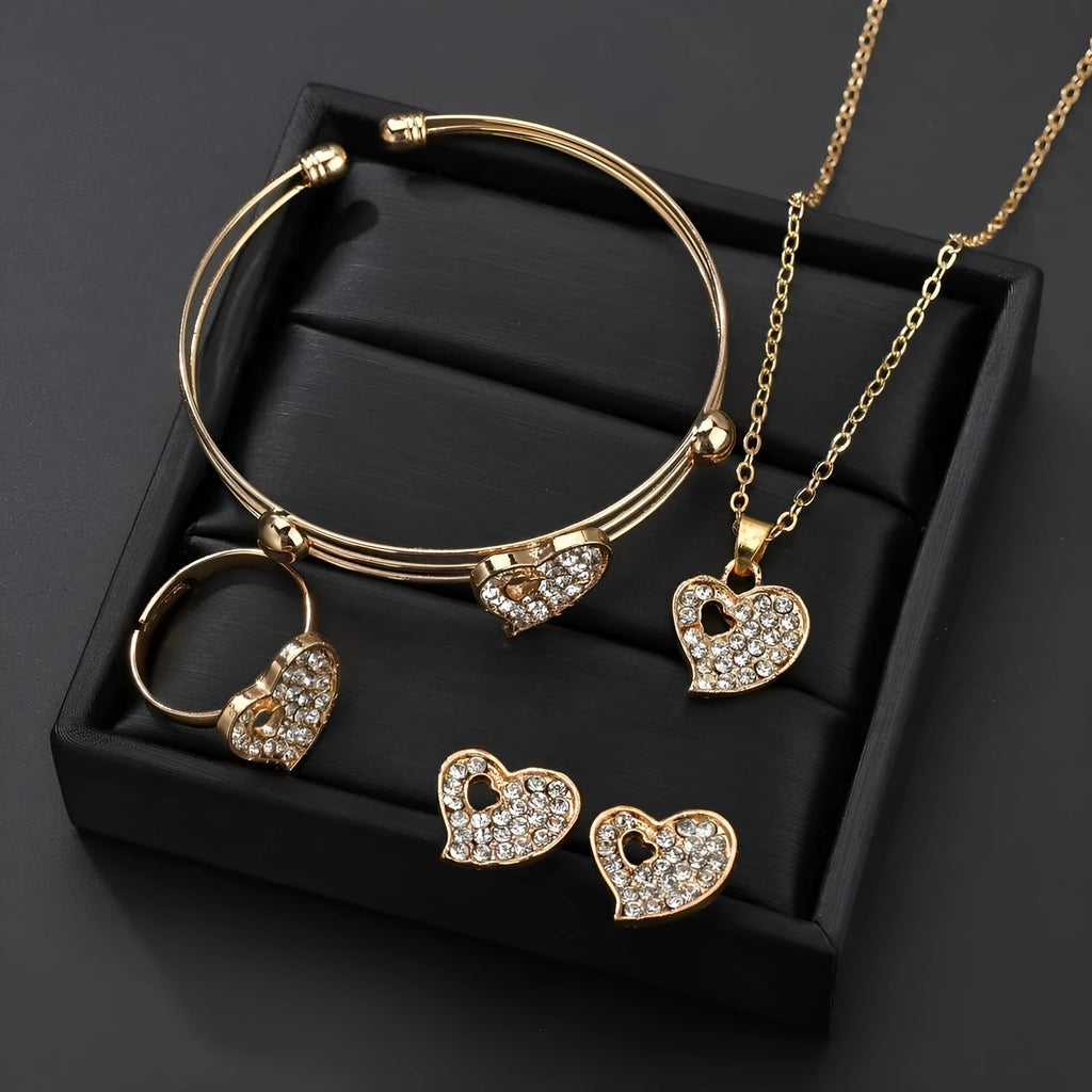 Gold-plated alloy women's jewellery set with earrings, necklace, and bracelet featuring love, water drop, and bell pendants.