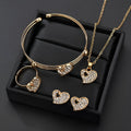 Gold-plated alloy women's jewellery set with earrings, necklace, and bracelet featuring love, water drop, and bell pendants.