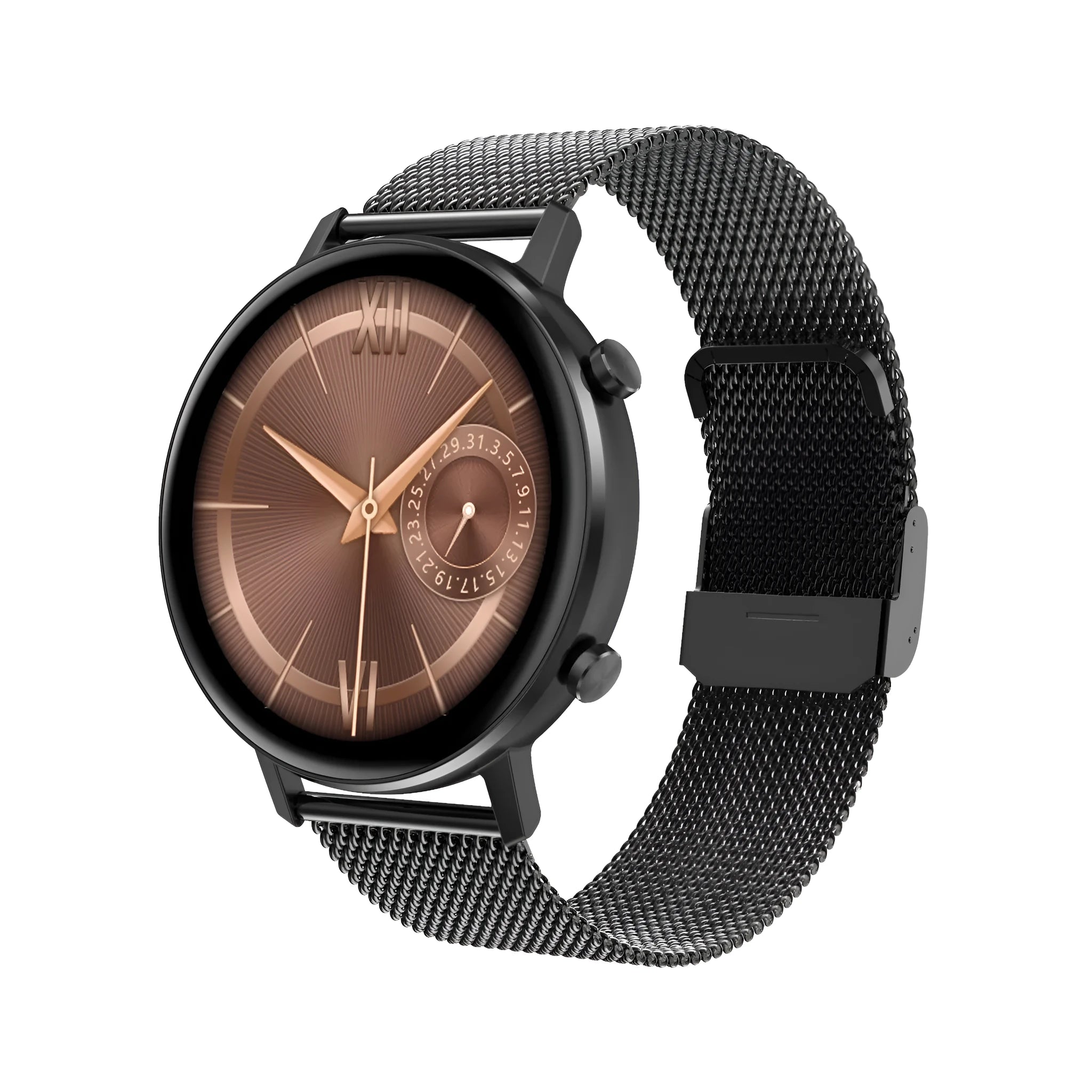 DT96 smart bracelet with 1.3-inch screen on a stainless steel strap in silver colour.