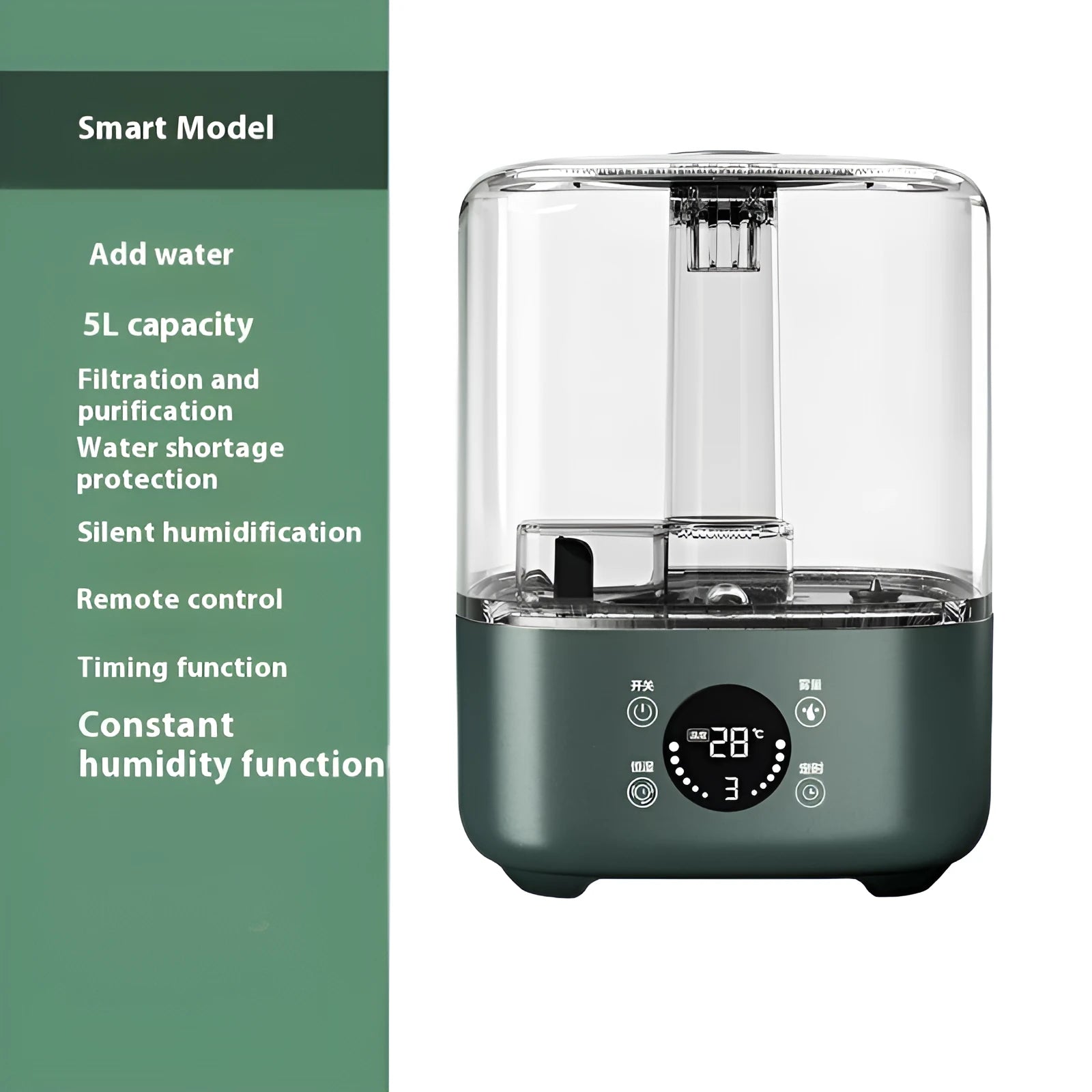 Green intelligent humidifier with touch screen panel and remote control on a table