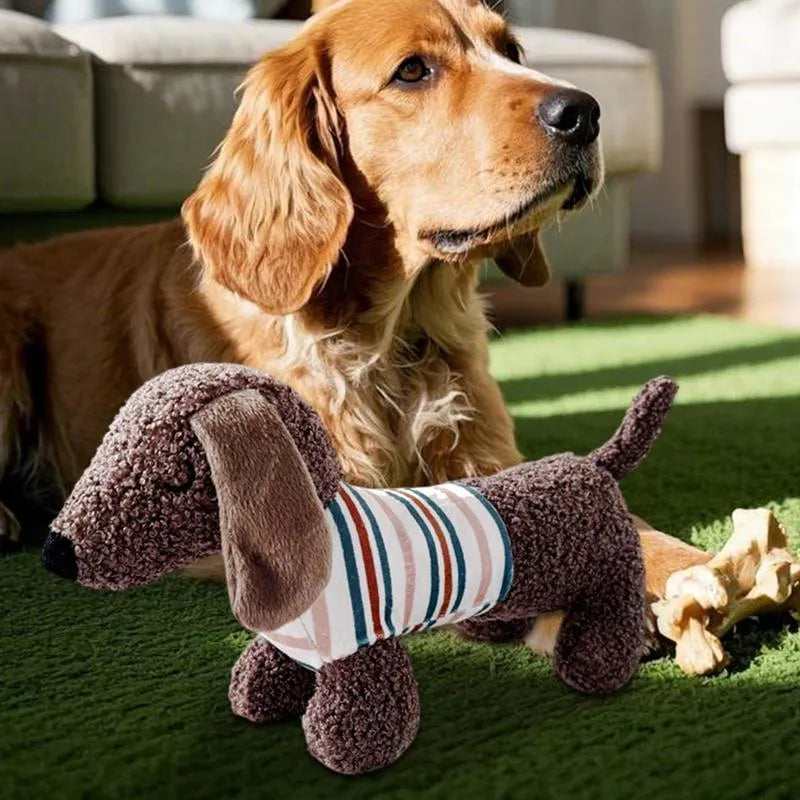 Bite-resistant squeaky dog plush toy in Sausage Dog Brown colour