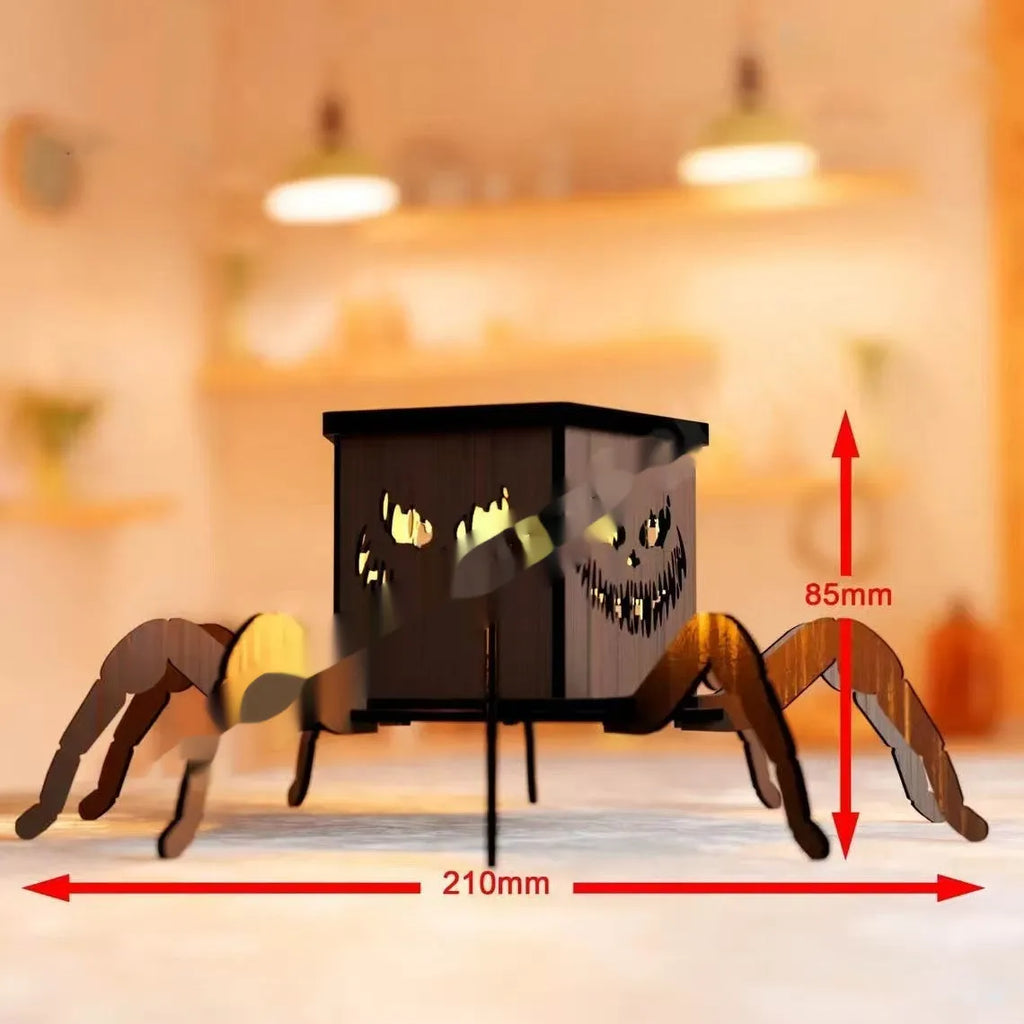 Wooden spider lantern Halloween candlestick decoration measuring 21cm by 8.5cm