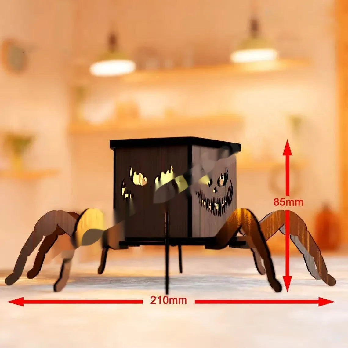 Wooden spider lantern Halloween candlestick decoration measuring 21cm by 8.5cm