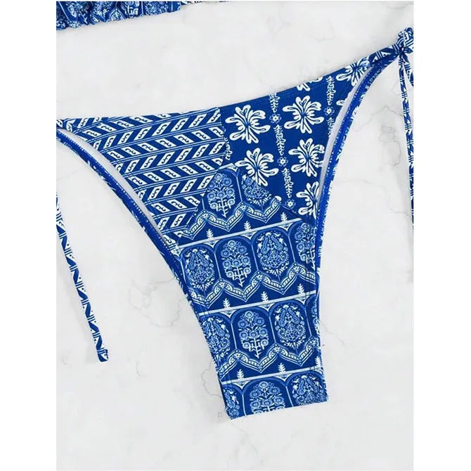 Women's bandage-style split bikini swimsuit with printing and stitching detail in multiple colours