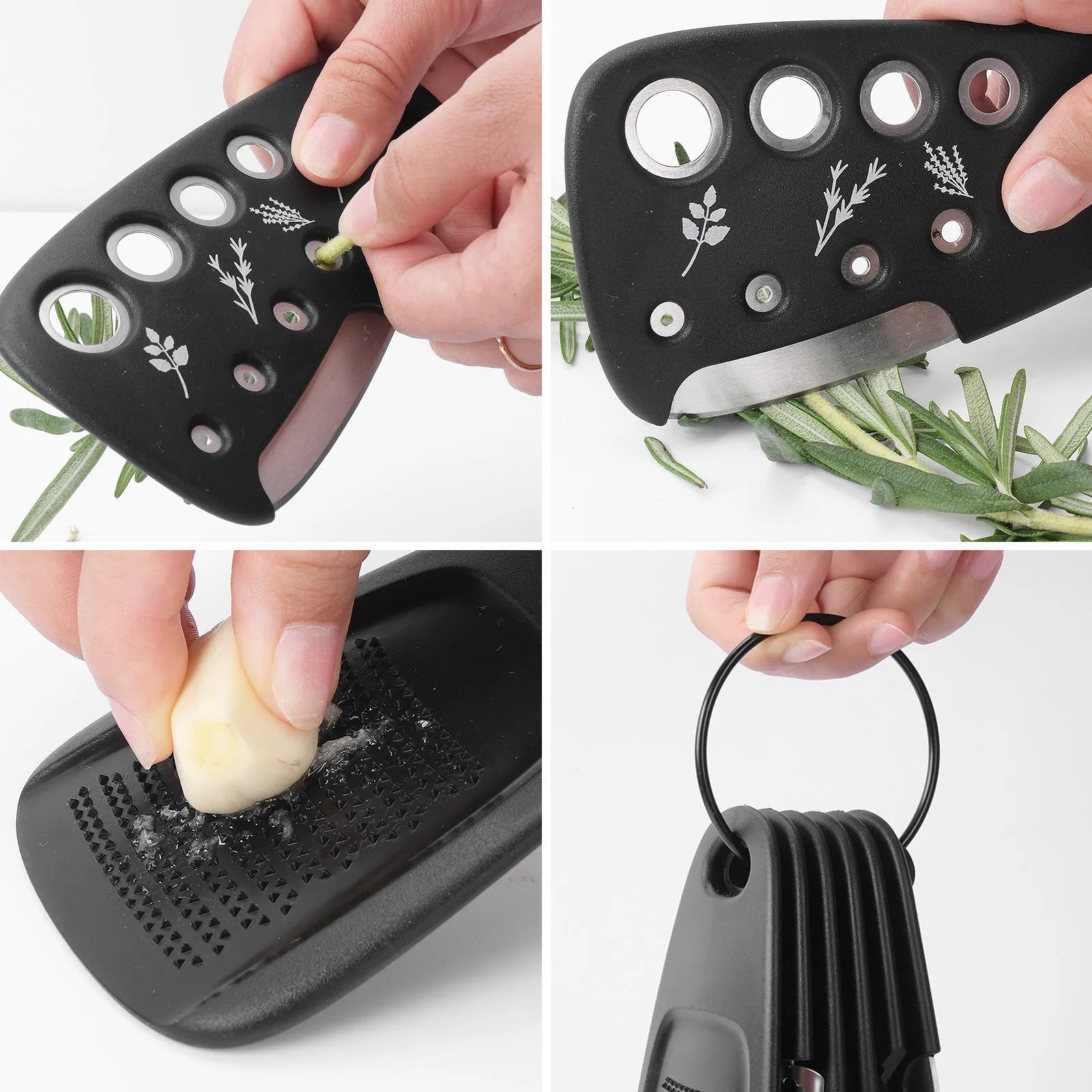 Six stackable kitchen gadget utensils and a cleaning brush in a colour box
