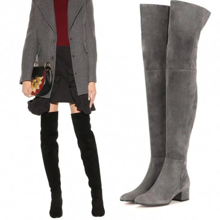 Women's grey suede over-the-knee flat boots with pointed toe and low block heel