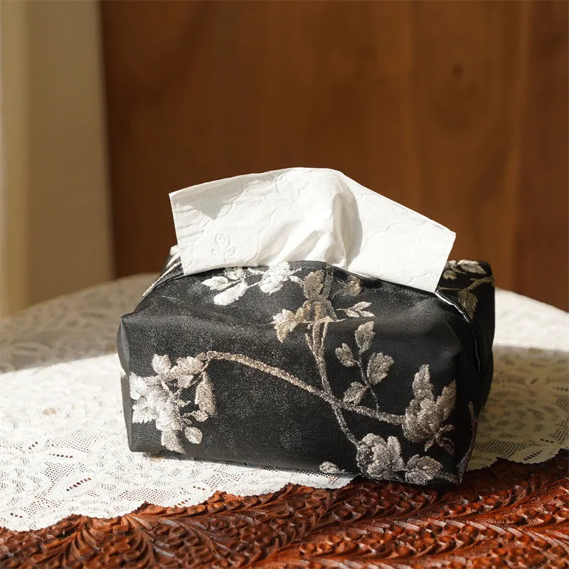 White Chinese brocade tissue box cover with embroidered plum flowers and optional pearl buckle