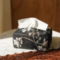 White Chinese brocade tissue box cover with embroidered plum flowers and optional pearl buckle