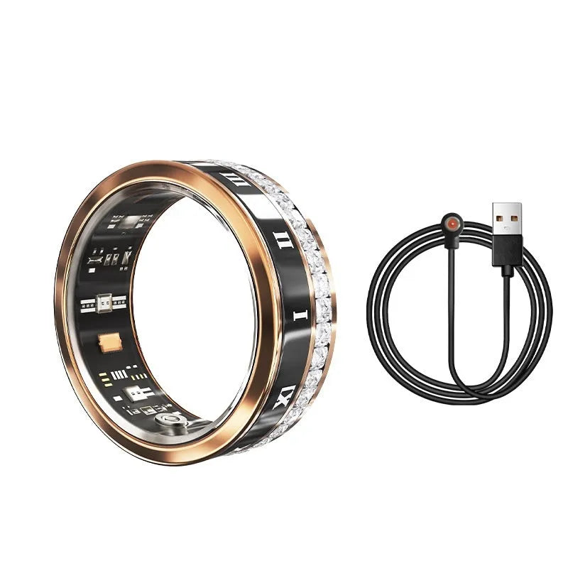 Gold and silver diamond inlaid smart ring for health tracking on a finger.