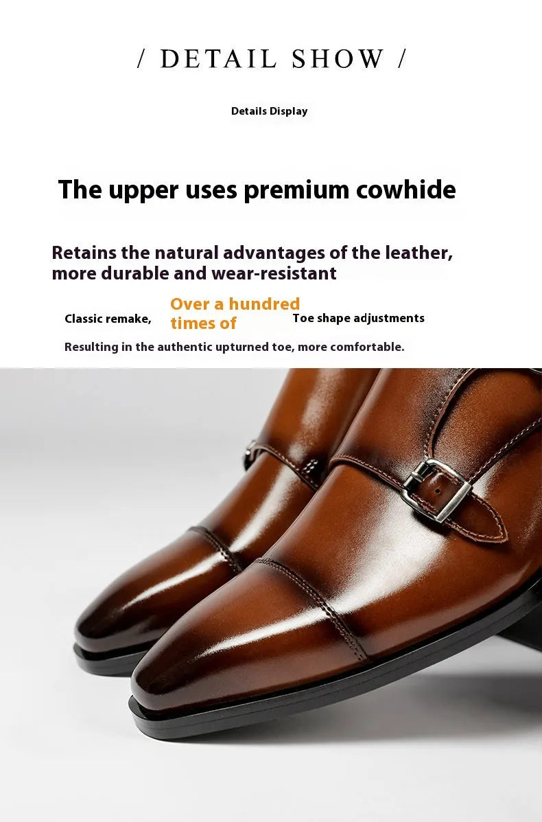 Men's black and light brown leather business shoes with square toe and rubber sole