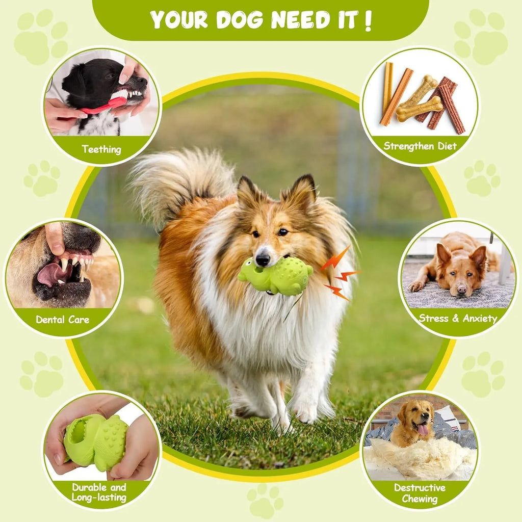 Green and yellow thick natural rubber dog toy with squeaker for aggressive chewers.