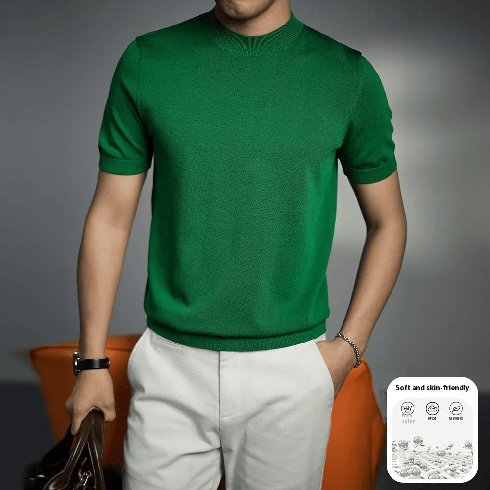 Men's knitted T-shirt with round neck and short sleeves in business gentleman style