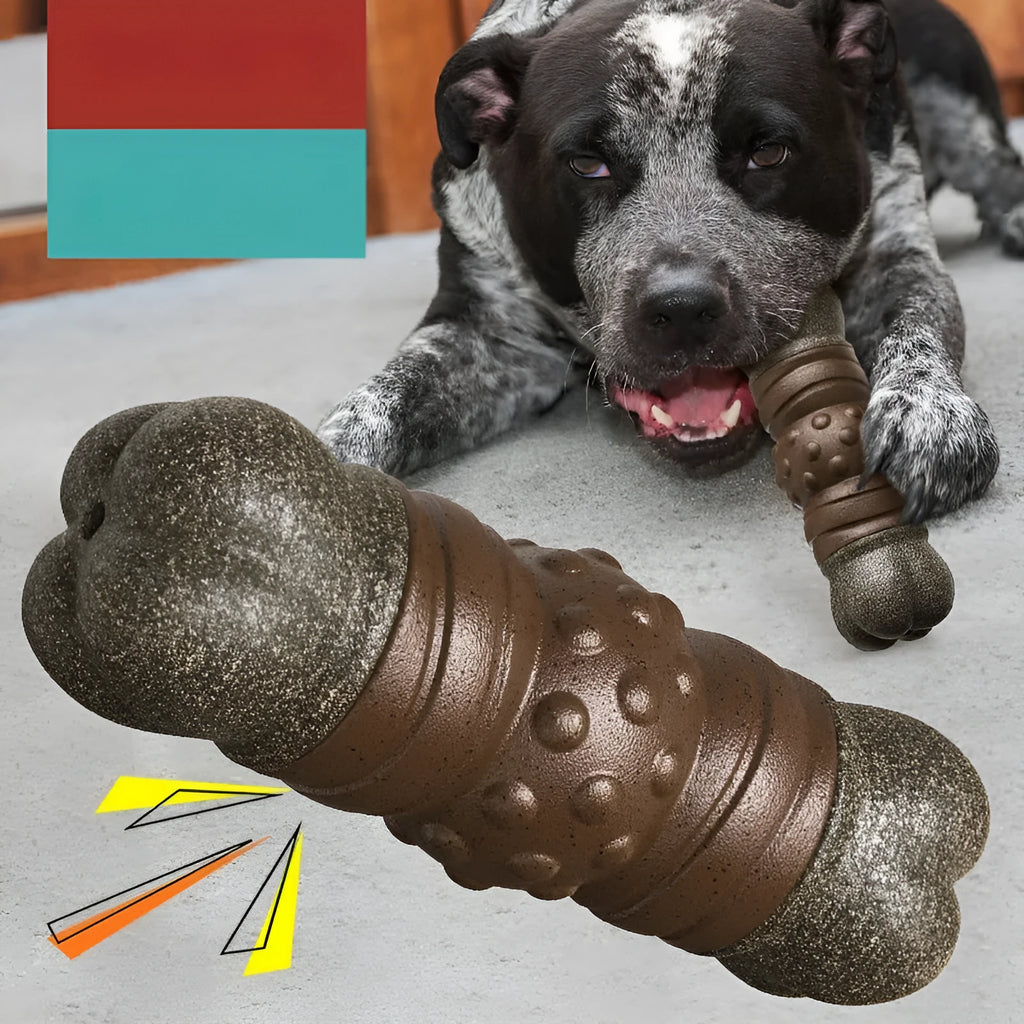 Wood colour plastic bone dog toy with molar rod toothbrush design for dental cleaning
