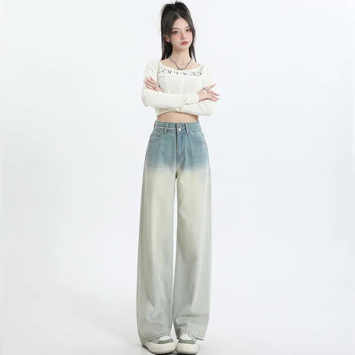 Women's gradient blue straight-leg wide-leg denim jeans in cotton fabric