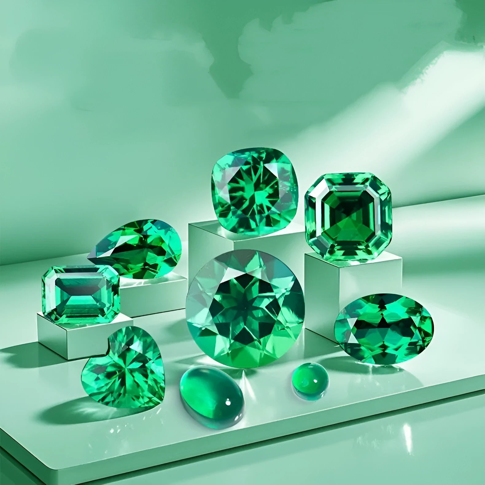 Columbia green treasure coloured synthetic emerald gemstone in round and rectangular emerald cut shapes.