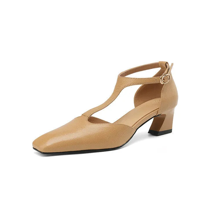 Wine red women's high heels with square toe, chunky heel, buckle fastening, and sheepskin leather upper.
