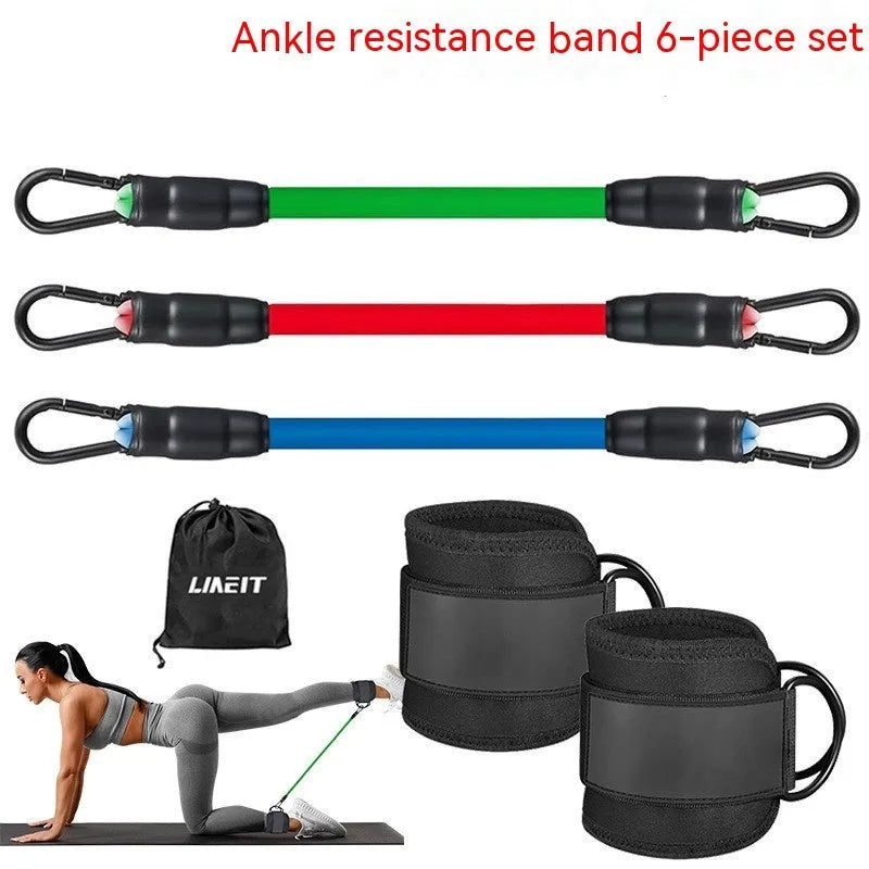 Set of three TPE resistance bands (10lb, 20lb, 30lb) with two black foot loops and a storage bag.