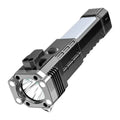 Silver portable LED flashlight with USB charging port, shown for outdoor and emergency use.