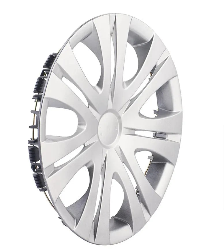 Universal monochrome ABS plastic wheel hub cover in silver finish, shown next to a black version.