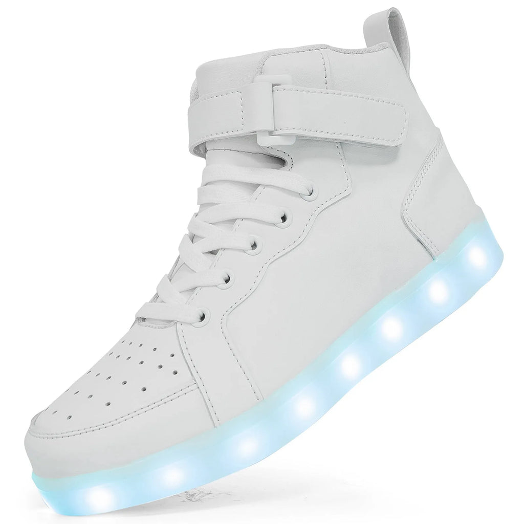 LED light-up high-top sneakers in black with velcro strap and glowing soles.