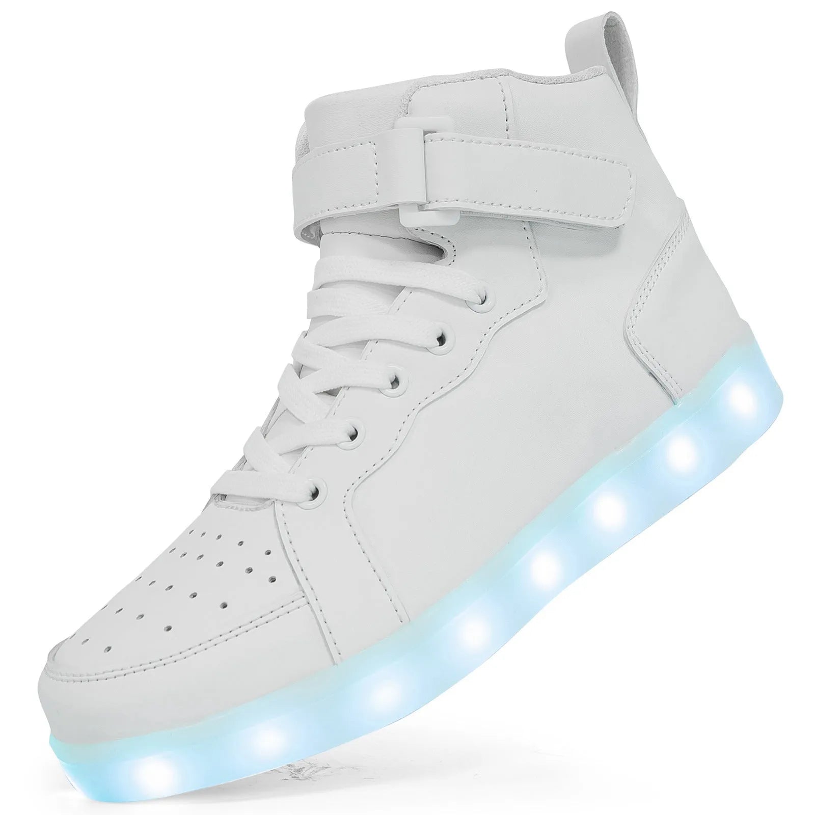 LED light-up high-top sneakers in black with velcro strap and glowing soles.