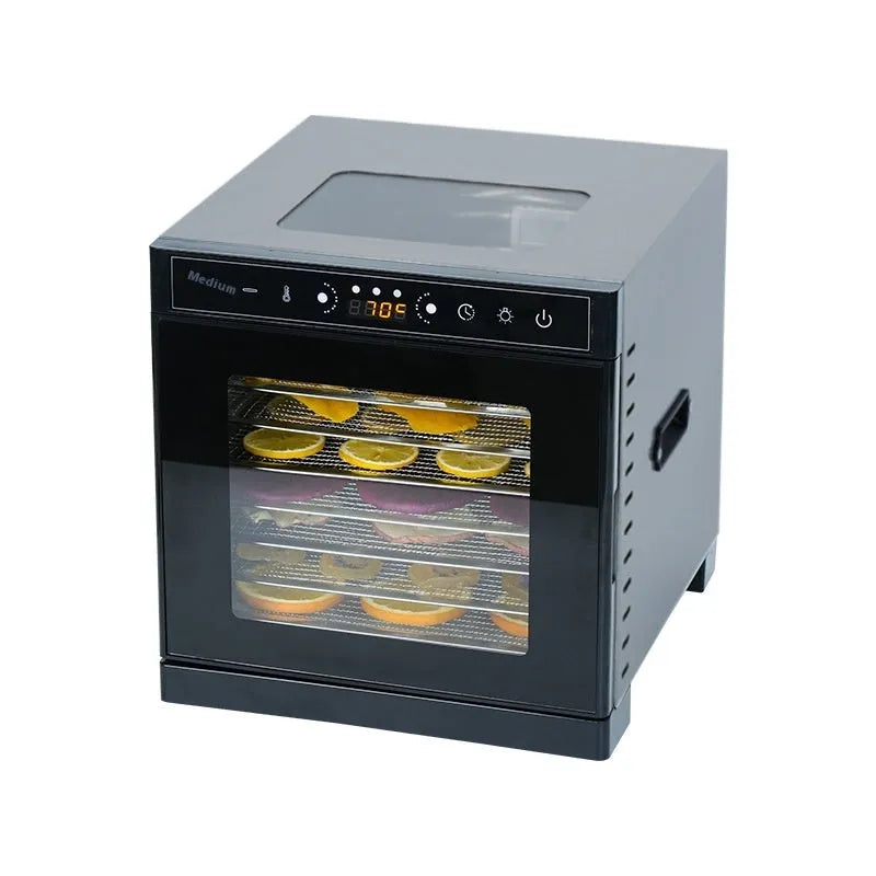 Stainless steel fruit dehydrator appliance with visual skylight top and multiple drying trays.