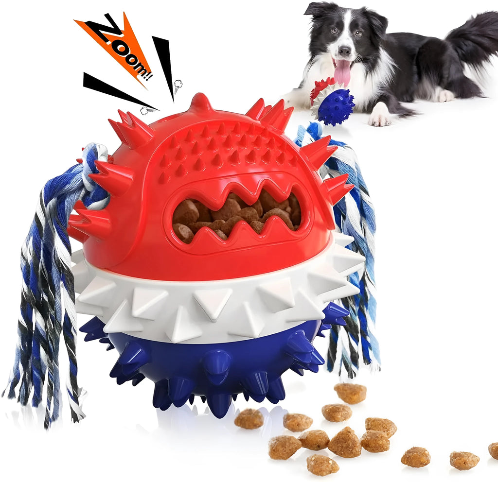 Blue and red squeaky dog chew toy with treat dispenser hole, shown next to a dog.