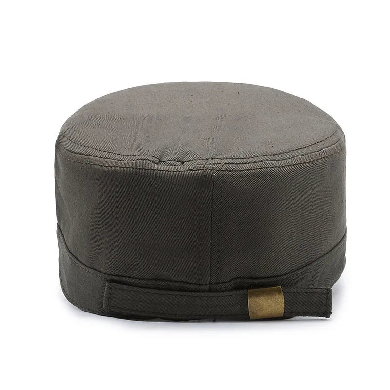 Men's adjustable cotton flat-top peaked cap in army green with printed English letters