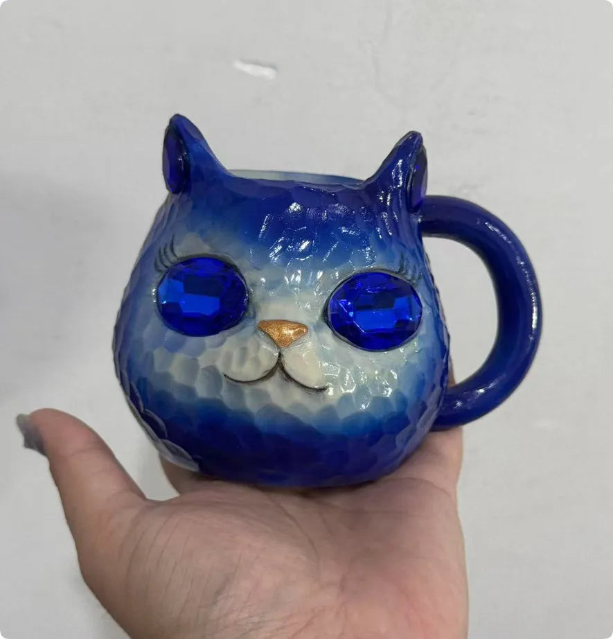 American style decorative resin cat cup available in blue, green, pink and purple colours.