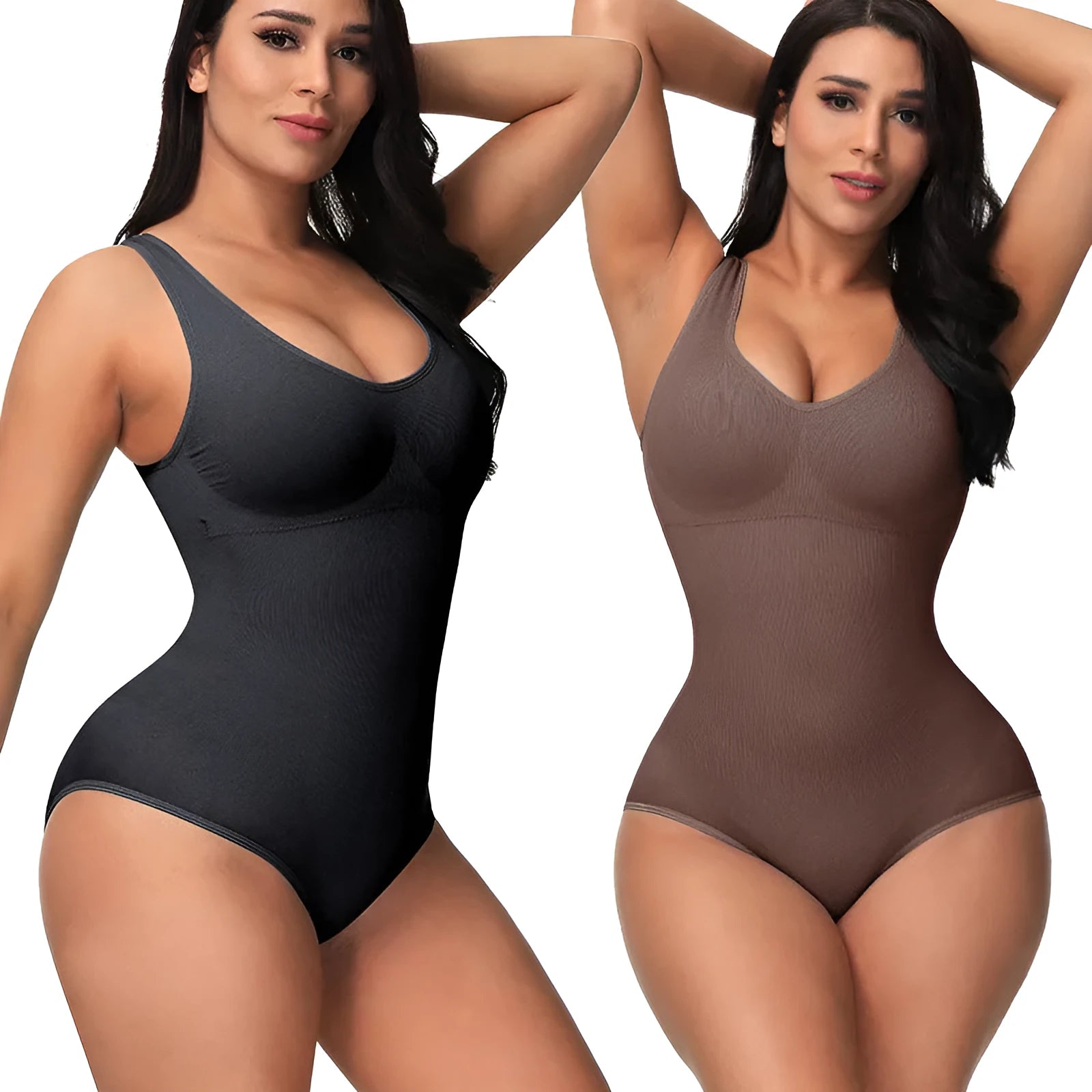 Seamless women's bodysuit shapewear in apricot colour on a hanger, showing its one-piece design.