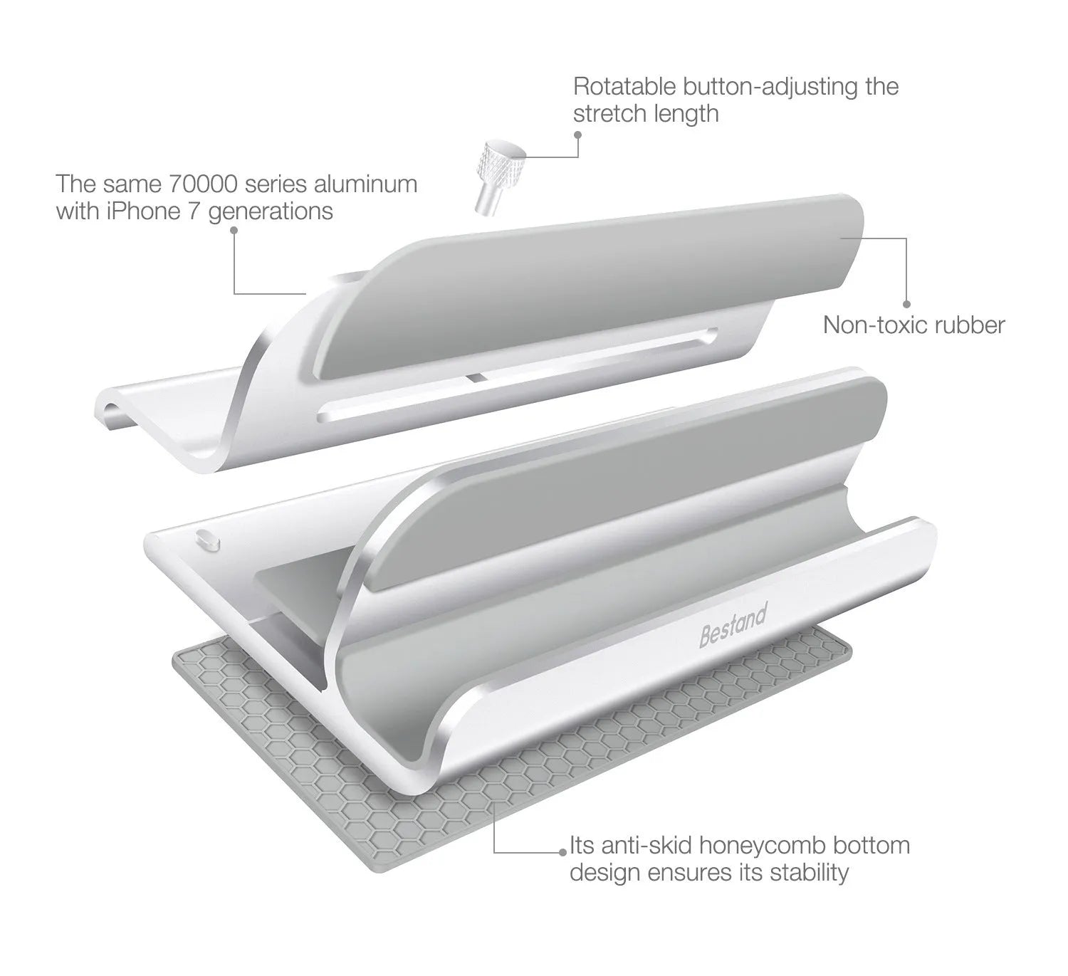 Silver aluminium alloy tablet lazy bracket on a desktop, 19x11.5x7.5cm universal fit
