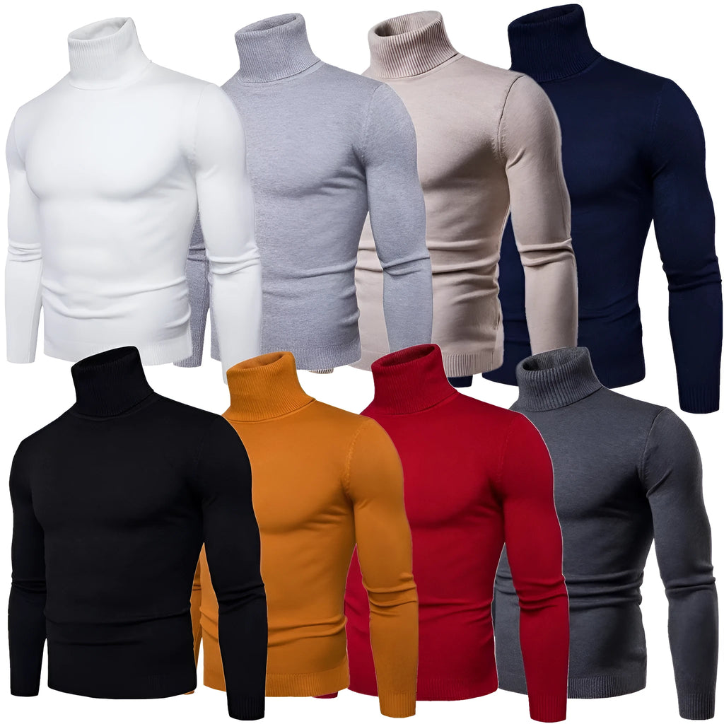 Men's cotton thermal turtleneck sweater in solid colour, slim fit, winter pullover, beige option