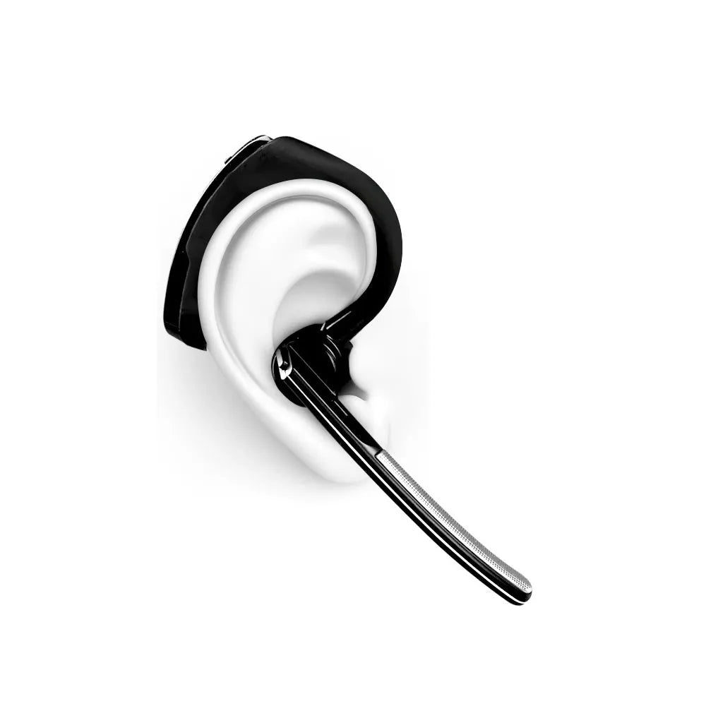 V9 Bluetooth wireless headset with ear-bud and charging cable on a grey background.