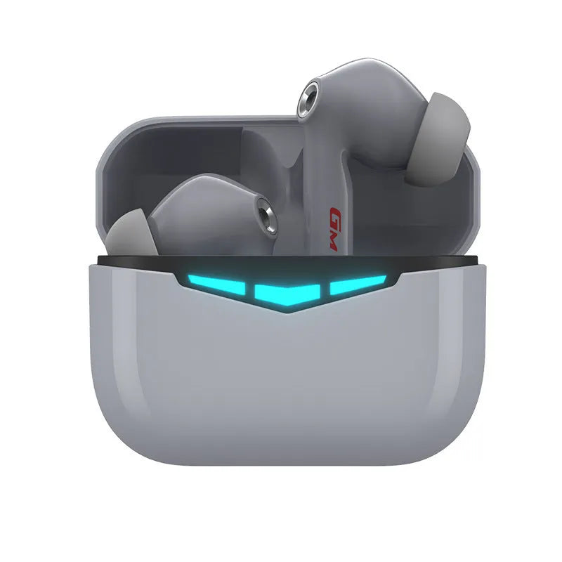 True wireless in-ear gaming headset in black with charging case and silicone eartips.