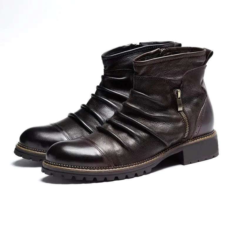 Men's black side zip cowboy boots with a round toe and mid-height horseshoe heel on a white background.