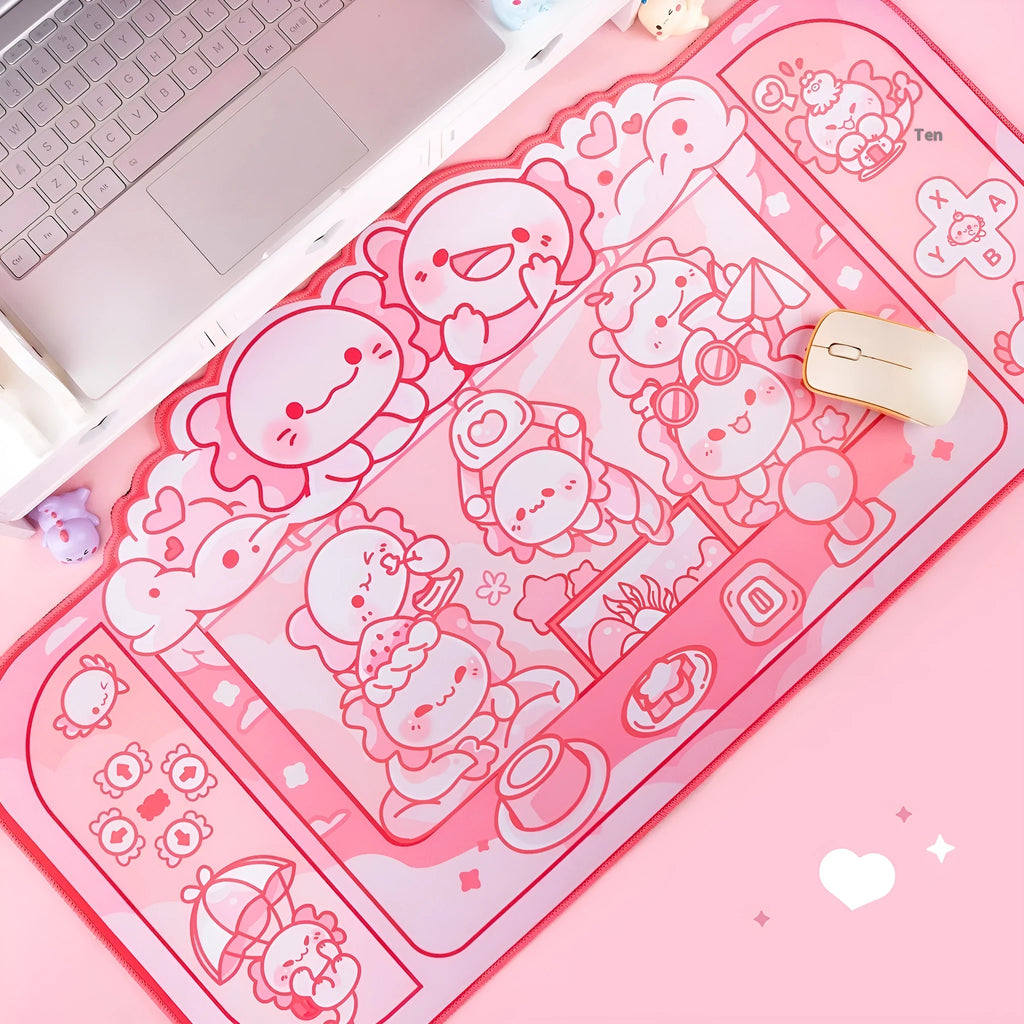 Hexagonal Dragon Crane Machine cartoon anime design on a large 75x40cm cloth mouse pad with wrist rest.