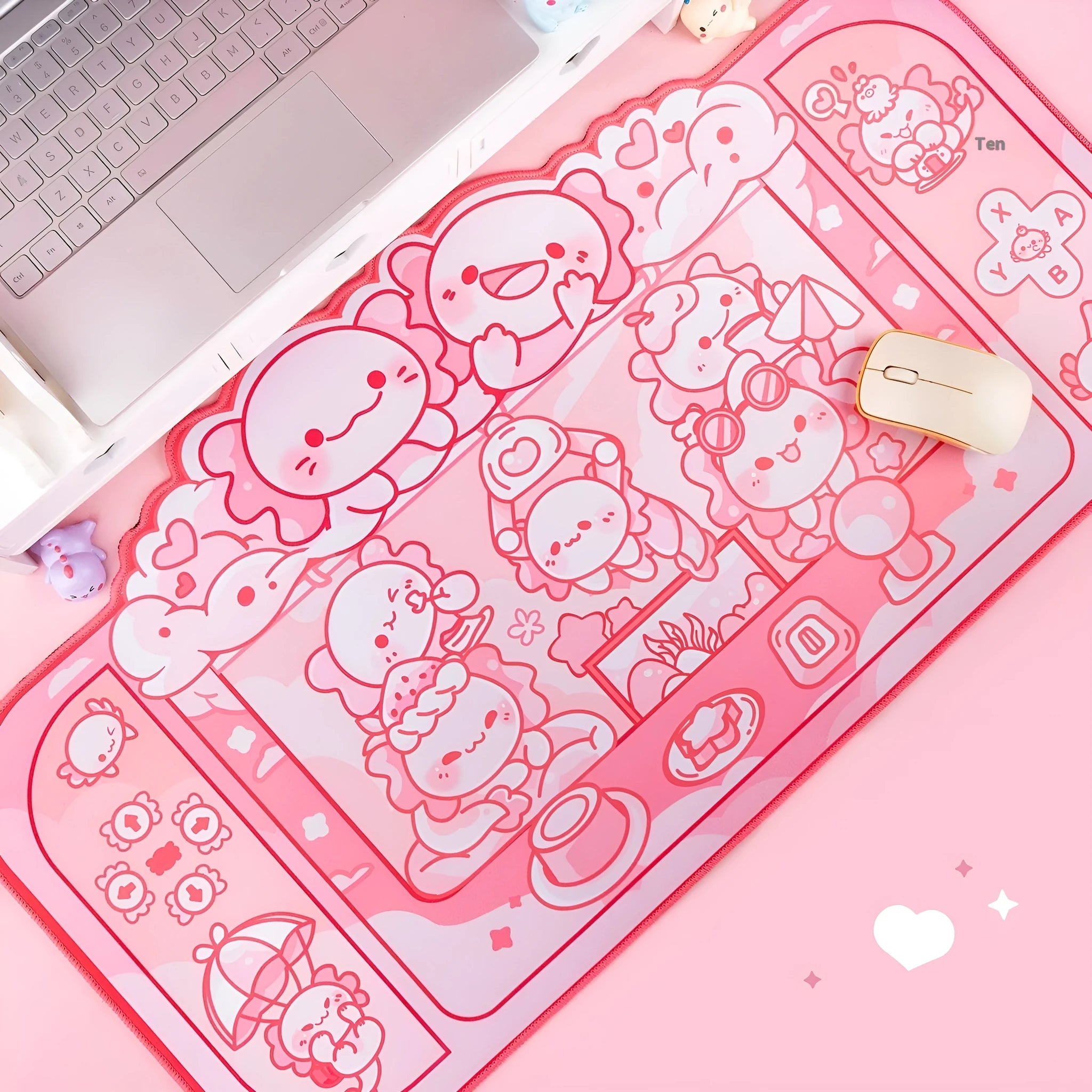 Hexagonal Dragon Crane Machine cartoon anime design on a large 75x40cm cloth mouse pad with wrist rest.