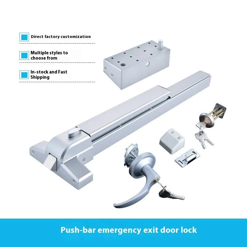 Stainless steel fire door push lock with external handle on a baked paint door
