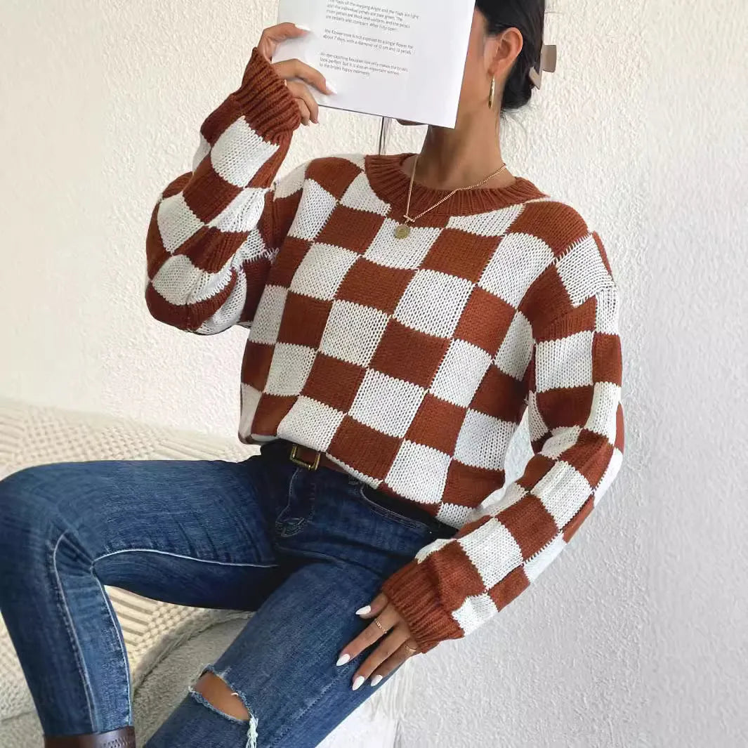 Dark brown chessboard plaid acrylic pullover sweater with round neck and long sleeves