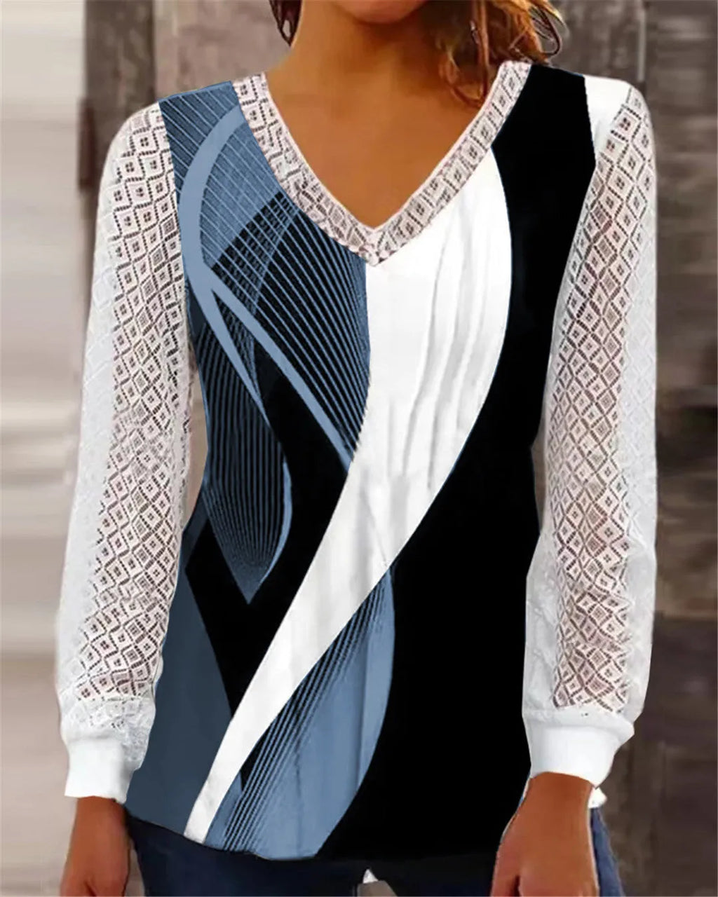 Women's loose V-neck lace blouse in purple polyester chiffon fabric showing lace detailing