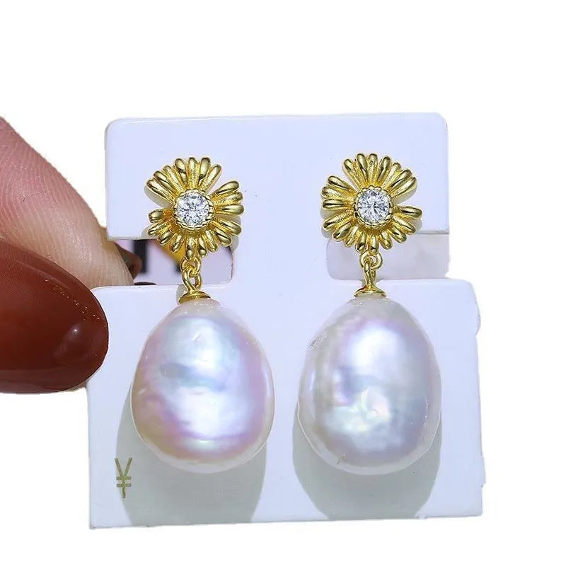 Baroque S925 sterling silver flower earrings with matching ring holder in gold and silver options