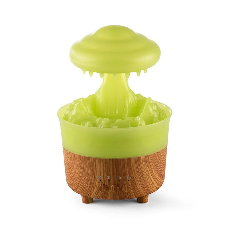 Wood grain white cloud-shaped humidifier with coloured LED lights and gentle mist emission