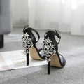 Black suede women's high heel shoes with rhinestone detail and fish mouth toe