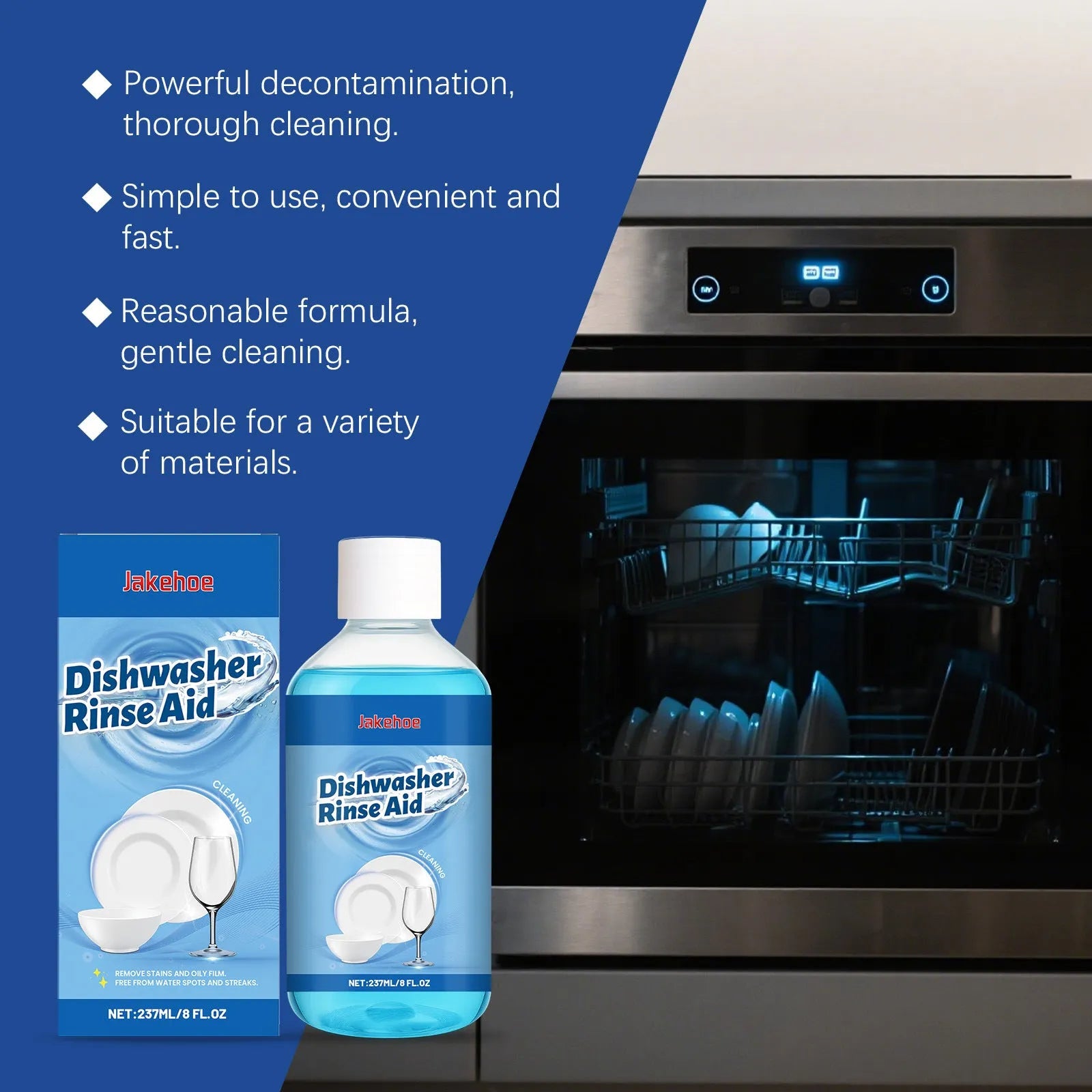 237mL bottle of concentrated dishwasher detergent aid liquid cleaner for kitchenware.