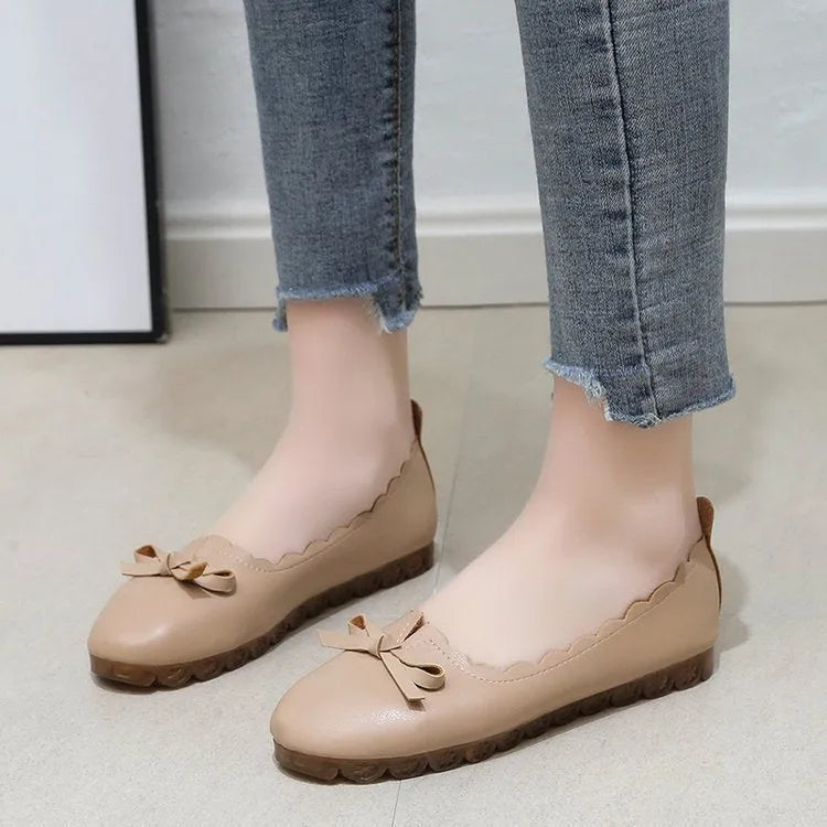 Korean style women's shallow mouth slip-on pumps in apricot, round toe, low heel, rubber sole